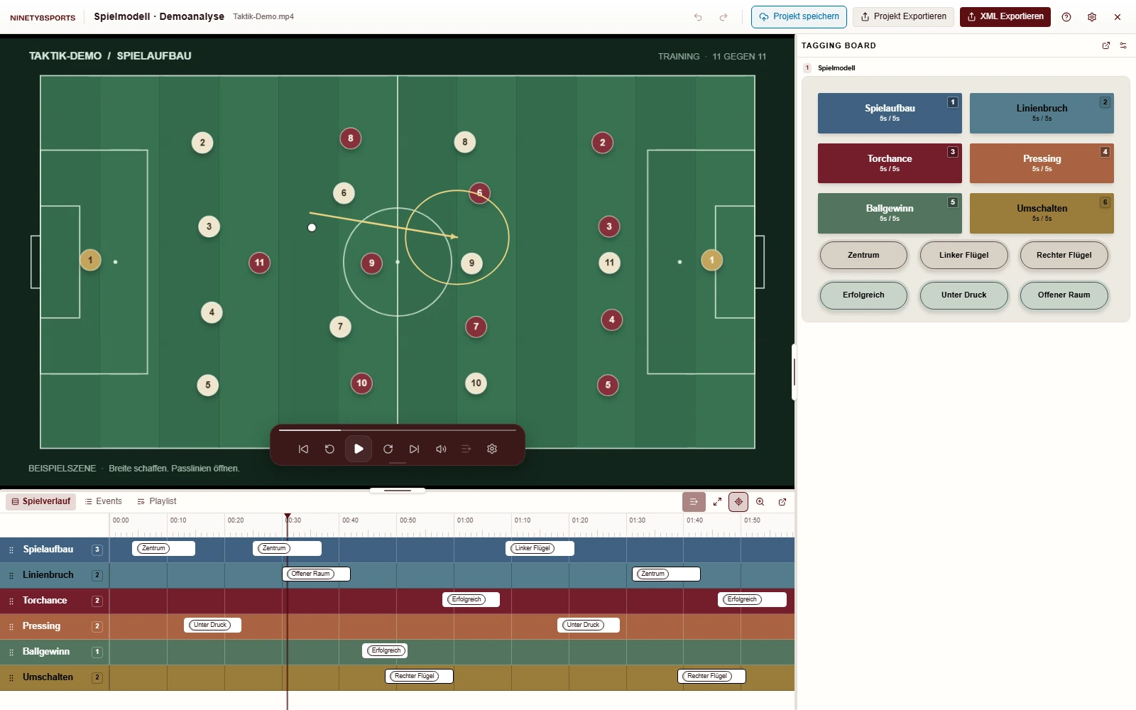 NINETY8SPORTS Demoprojekt mit Spielvideo, Tagging-Board und Zeitachse